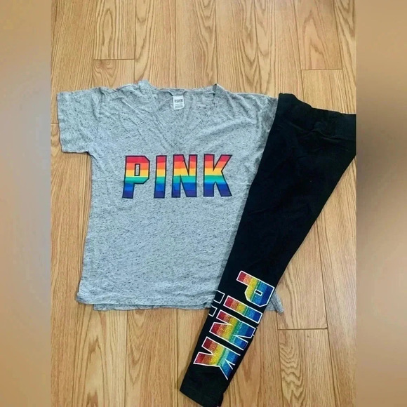 PINK VS RAINBOW TSHIRT / LEGGINGS OUTFIT  SMALL - Picture 1 of 11